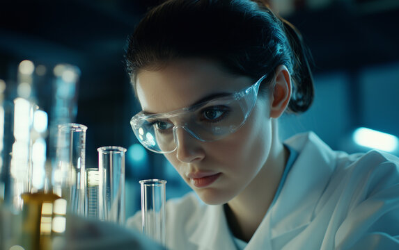 Female scientist focused on laboratory experiment with test tubes