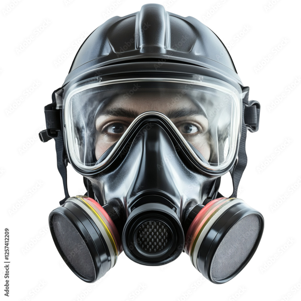 Poster realistic high-quality isolated object of a firefighters smoke mask with a clear visor and an adjust