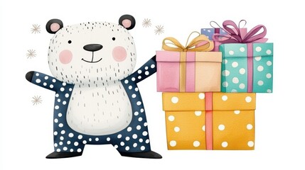 A cheerful bear surrounded by colorful gift boxes, exuding a playful and festive vibe.