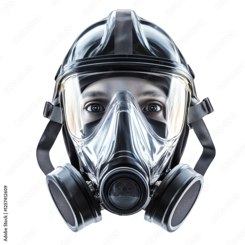 Poster realistic high-quality isolated object of a firefighters smoke mask with a clear visor and an adjust