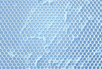 Fototapeta premium honeycomb mosaic background in a winter setting. Realistic geometric mesh cells texture reflecting soft blue light. Abstract wallpaper with hexagon grid covered in frost, creating a crystalline effect
