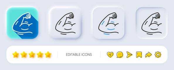 Strong arm line icon. Neumorphic, Flat shadow, 3d buttons. Strength muscle sign. Gym fit training symbol. Line strong arm icon. Social media icons. Vector