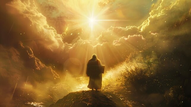 A figure stands atop a rise, back towards the viewer, gazing at a radiant light piercing through golden clouds, illuminating a textured, dreamlike landscape.