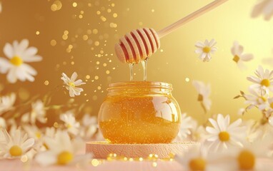 A golden honey jar flipping in mid air with thick honey dripping from a wooden dipper, pastel gold background