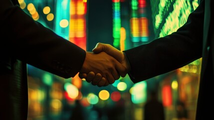 Business Partnership Agreement Handshake at Night with Neon Lights