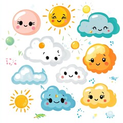 Adorable Kawaii Sun and Clouds Digital Illustration Happy Bright Cheerful Cute Cartoon Weather Icons Childish Design Perfect for Kids Baby Nursery    