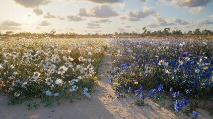 A visually striking landscape where half is barren, and half is blooming with flowers.