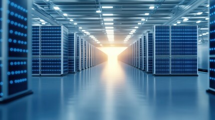 Fototapeta premium Carbon Border Adjustment Mechanism (CBAM) Data center corridor with blue-lit servers leading to a bright light at the end.