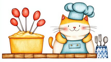Naklejka premium A cheerful cat in a chef's hat stands beside a bowl of batter with colorful spoons, ready to bake in a playful kitchen setting.