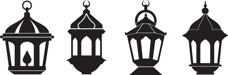 Set of Ramadan lantern silhouette, black and white silhouette, vector and&nbsp;illustration