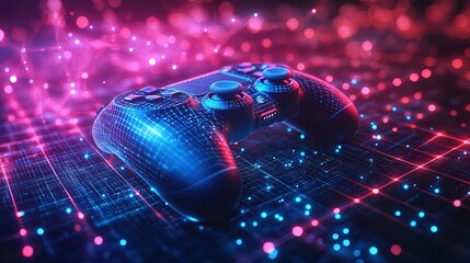 A gaming abstract background with digital controllers, bright neon colors, and dynamic grid textures