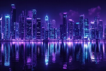 Fototapeta premium Neon City Skyline Reflects on Calm Water at Night: Urban Majesty, Vibrant Hues, Architectural Wonders, Glowing Lights