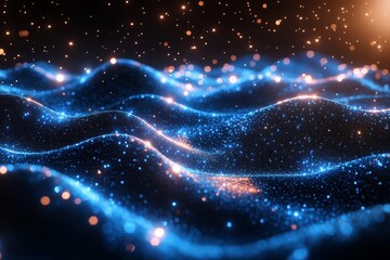 Obraz premium Abstract Digital Background with Blue Glowing Light Rays and Pixel Particles, Futuristic Illustration for Digital Technology Concept.