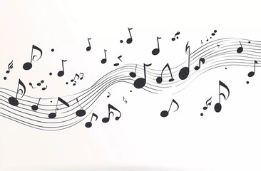 Black and white vector music notes on a wavy line, isolated on a solid background. 