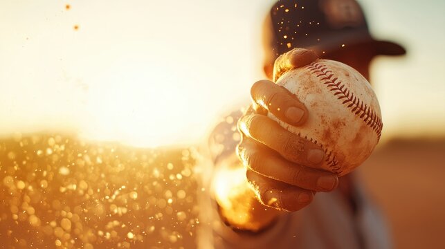 A hand grips a baseball against a vibrant sunset, capturing the essence of the sport and the beauty of the moment.
