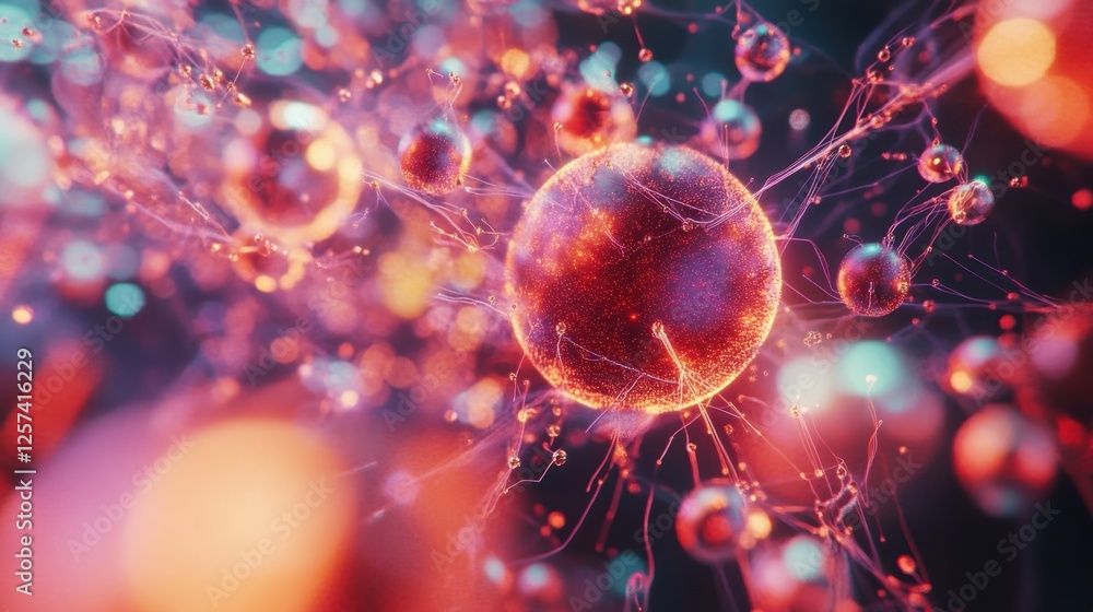 Poster abstract data visualization with bright, moving nodes, creating a real-time digital network represen