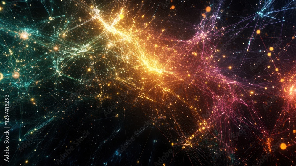 Poster abstract network visualization with glowing, colorful nodes connected by dynamic lines, representing