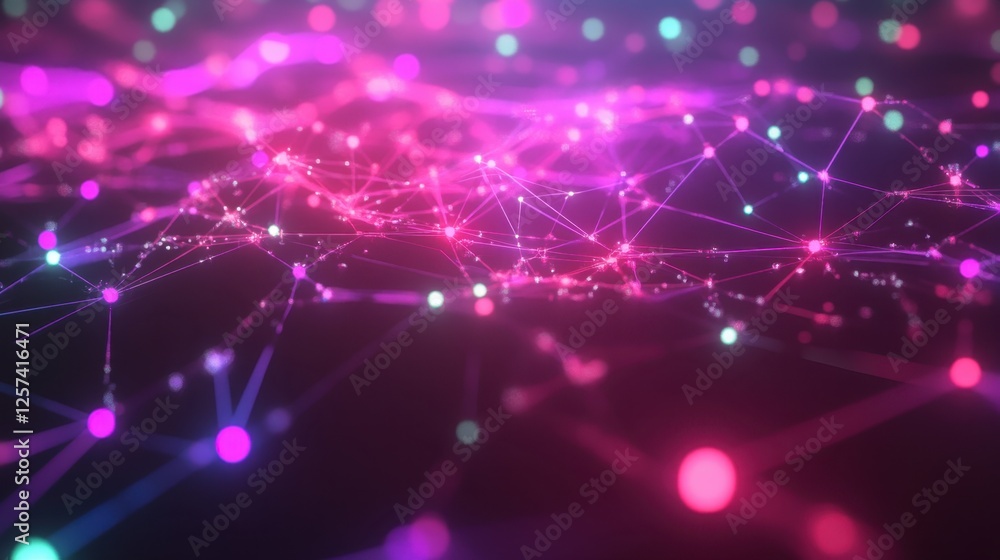 Poster abstract network visualization with glowing, colorful nodes connected by dynamic lines, representing