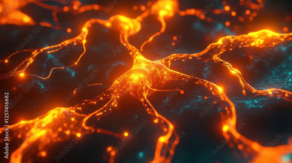 Poster abstract visualization of a cyber network, pulsating neon nodes and fluid, glowing pathways illustra