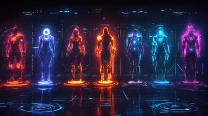 A futuristic abstract gaming background with glowing character icons, neon overlays, and digital grids