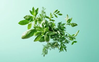 Obraz premium A floating bundle of fresh herbs--parsley, basil, rosemary--tumbling mid air, pastel cyan background