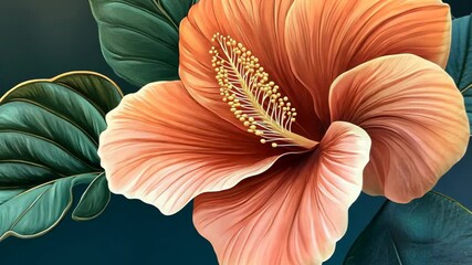 Vibrant hibiscus flower in soft peach and coral hues against a dark background