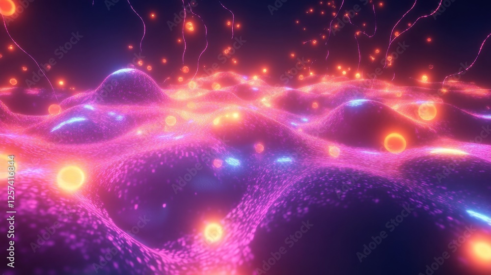 Fototapete Abstract visualization of a cyber network, pulsating neon nodes and fluid, glowing pathways illustrating data movement.