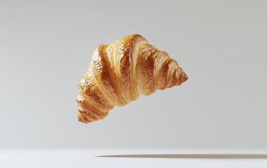 A single croissant floating in mid-air against a pure white background, captured with crisp details and soft shadows.