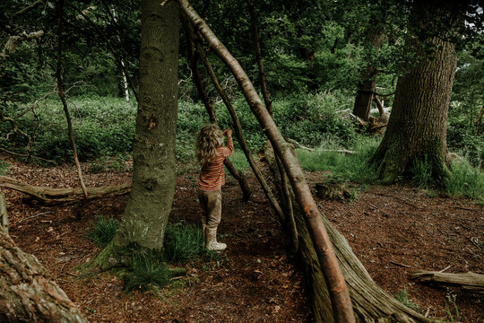 Child holding a pocket knife building a forest cabin