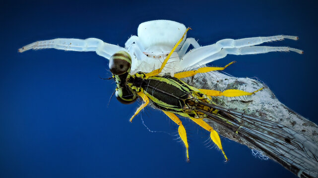 Portrait of thr crab spider with prey