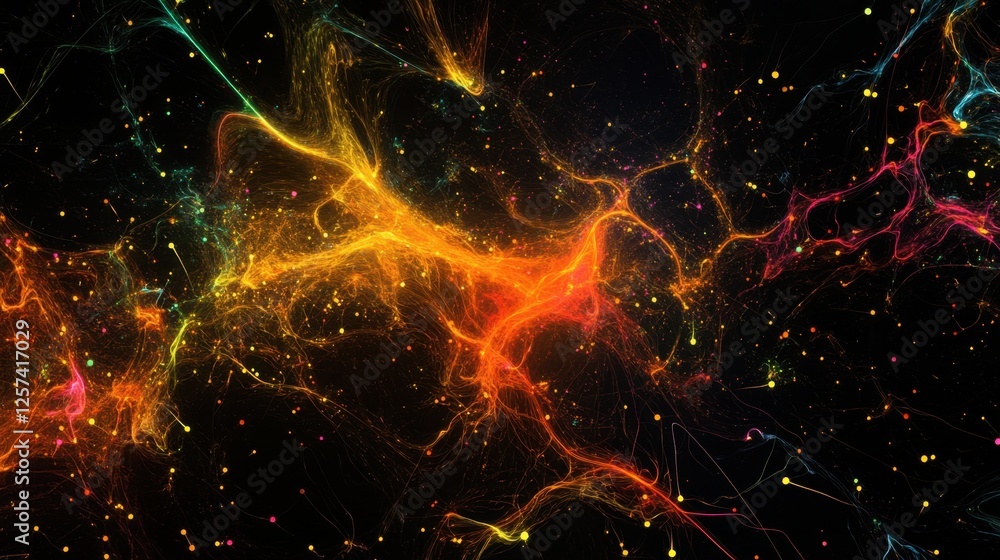 Poster Abstract visualization of a cyber network, pulsating neon nodes and fluid, glowing pathways illustrating data movement.
