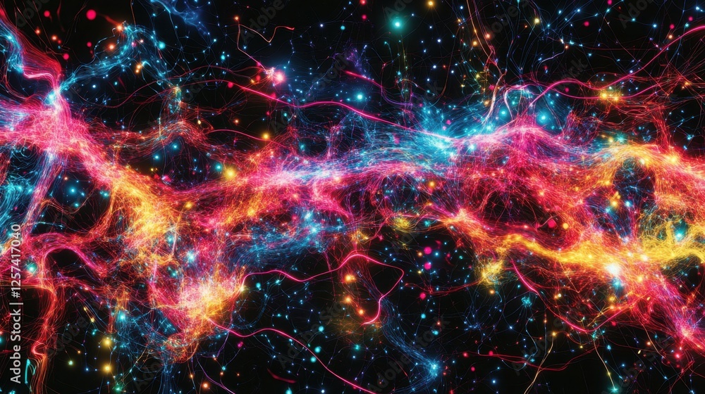 Fototapete Abstract visualization of a cyber network, pulsating neon nodes and fluid, glowing pathways illustrating data movement.