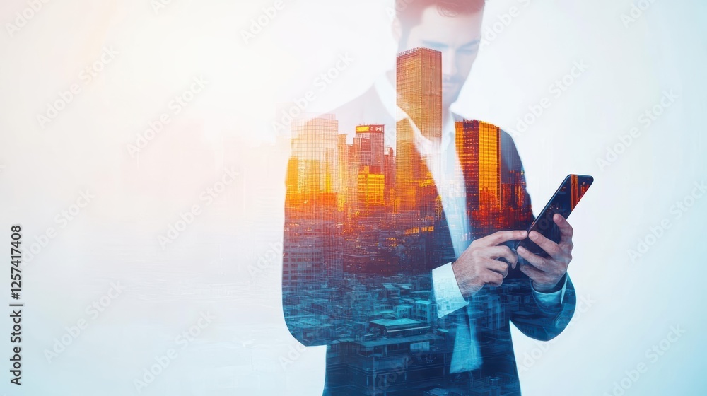 Poster man in a suit holding a smartphone while standing against a blurred urban background