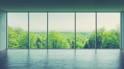 Naklejka premium An elegant apartment with a glass wall showcases a lush green forest under a peaceful sky.