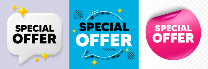 Special offer speech bubble. 3d sparkles chat, Paper sticker. Special offer tag. Sale sign. Advertising Discounts symbol. Special offer bubble. Halftone dots pattern. Vector