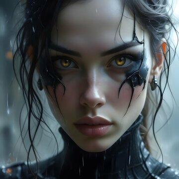 Mystical Cybernetic Woman with Golden Eyes