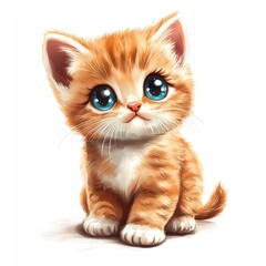 Obraz premium Adorable Orange Kitten with Big Blue Eyes Cute Baby Cat Sitting Posing Fluffy Soft Fur Sweet Innocent Animal Pet Graphic Illustration Digital Painting