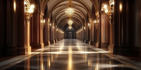 Elegant Grand Hallway with Ornate Woodwork and Crystal Chandeliers