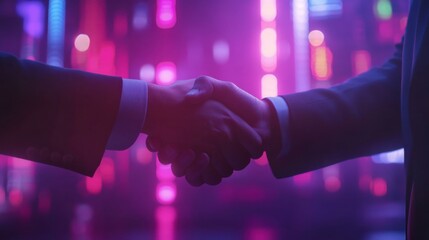 Close-Up of Two Hands Shaking Against a Neon Background