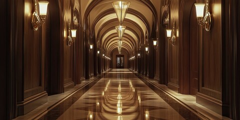 Obraz premium Elegant hotel hallway with ornate lighting and dark wood paneling