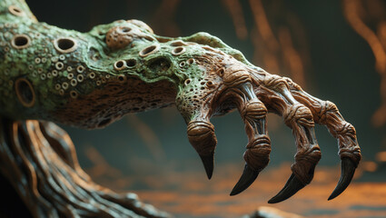 Naklejka premium Generative AI Illustration: Zombie Hand with Multiple Small Holes, Deformed Fingers, Fungal Infection, and Trypophobia