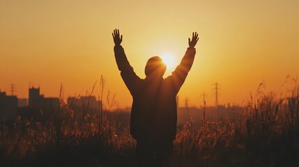 Silhouette Person Sunrise Cityscape Hopeful