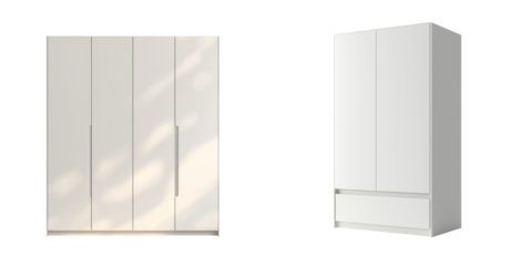 Minimalist wardrobe design in matte white finish with handleless doors