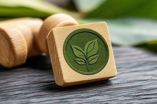 Eco-Friendly Green Leaf Seal Imprinted on a Wooden Block Symbolizing Sustainability and Natural Harmony Against a Textured Background with Lush Greenery
