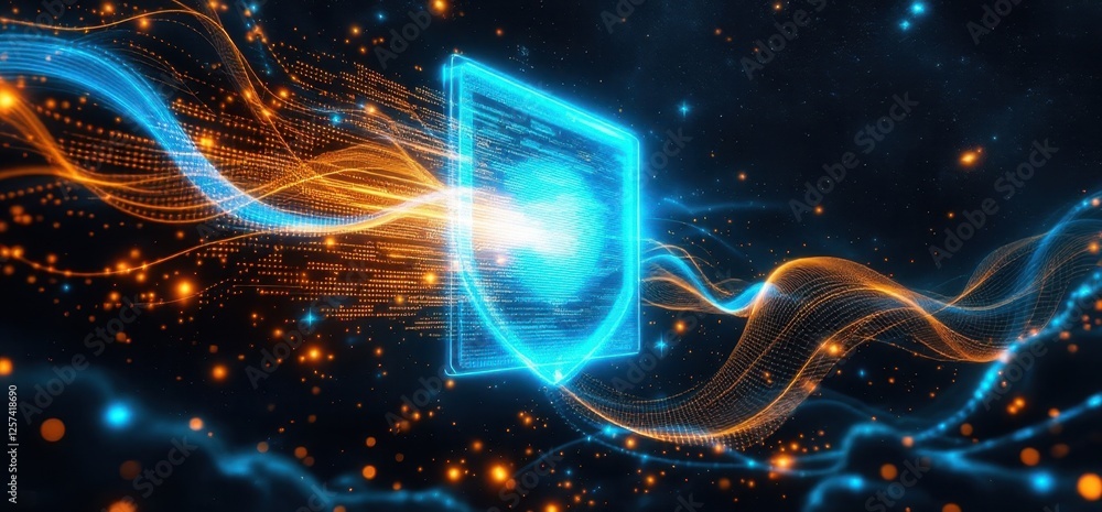 Poster digital shield with flowing data streams and glowing particles in space