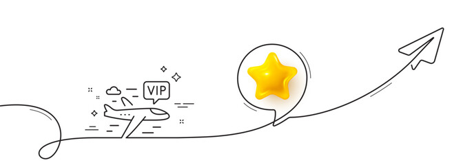 Vip flight line icon. Continuous line with share plane. Very important person airplane sign. Charter plane symbol. 3d star in speech bubble. Vip flight single line ribbon. Loop curve pattern. Vector