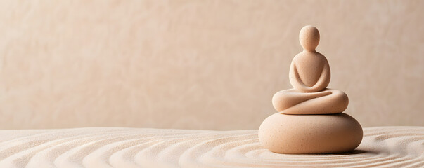 Mindfulness A serene sculpture of a meditative figure sits atop a smooth stone, surrounded by gentle, wavy patterns in a calming, neutral environment.
