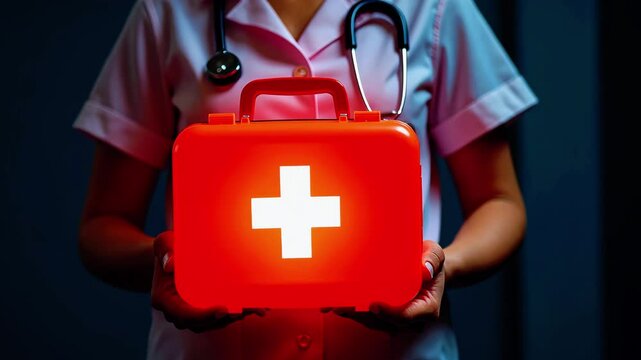 Nurse holding a glowing red first aid kit with a white cross, set against a dark background