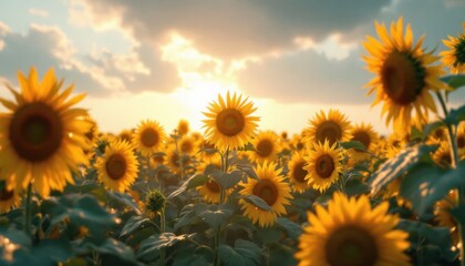 Obraz premium Vibrant sunflowers in bloom at sunrise under cloudy sky