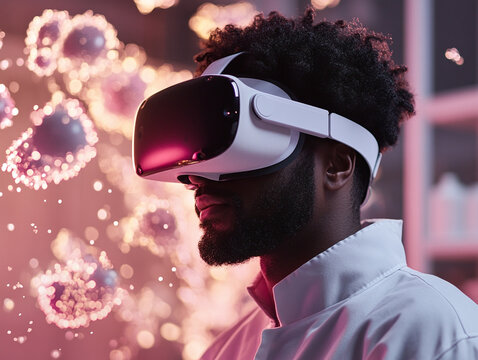 A man in a lab, working with virtual reality to study chemical reactions, with images of molecules and chemical elements floating in the air in front of him